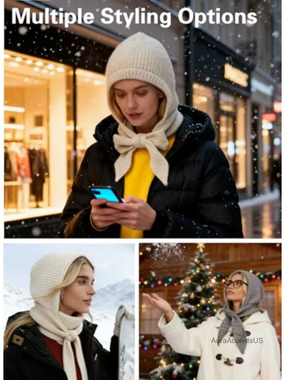 Cozy Knit Hooded Scarf for Women Winter Wrap Balaclava Beanie Hat Neck Warmer